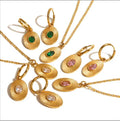Waterproof Fine Jewelry Ins Style 18k Gold Plated Sunburst Earrings Stainless Steel Screw Zircon Paved Oval Pendant Necklace