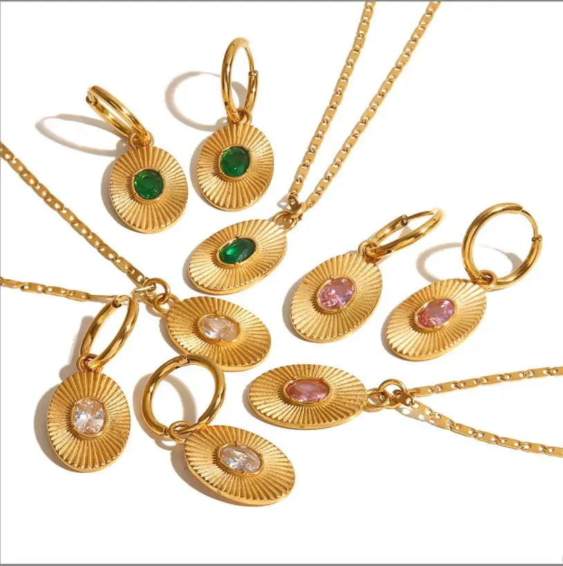 Waterproof Fine Jewelry Ins Style 18k Gold Plated Sunburst Earrings Stainless Steel Screw Zircon Paved Oval Pendant Necklace