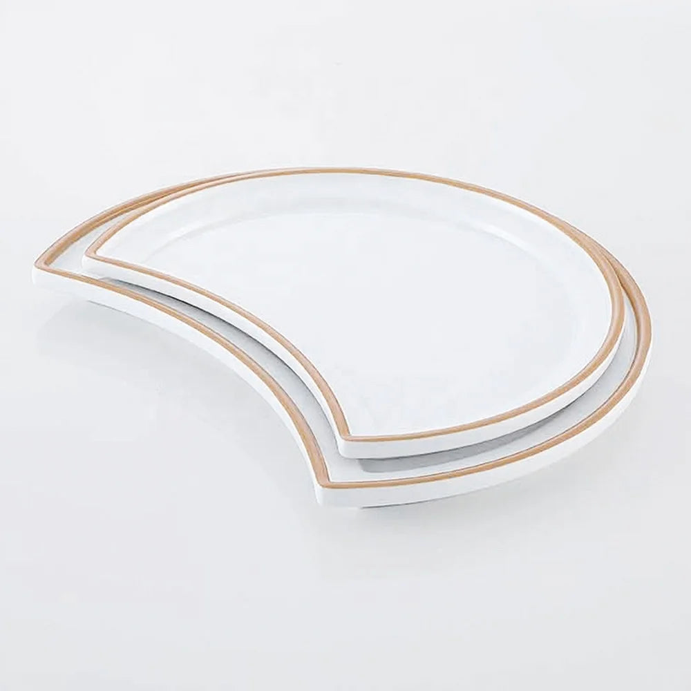 Unbreakable Restaurant Tableware Unique Moon Shape Printing Rimmed White Melamine Dinner Plate