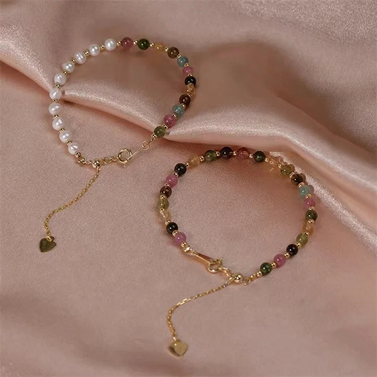 Hand Made 14k Gold Filled  Natural Candy Tourmaline Fresh Water Pearl Bracelet Crystal Gemstone Jewelry