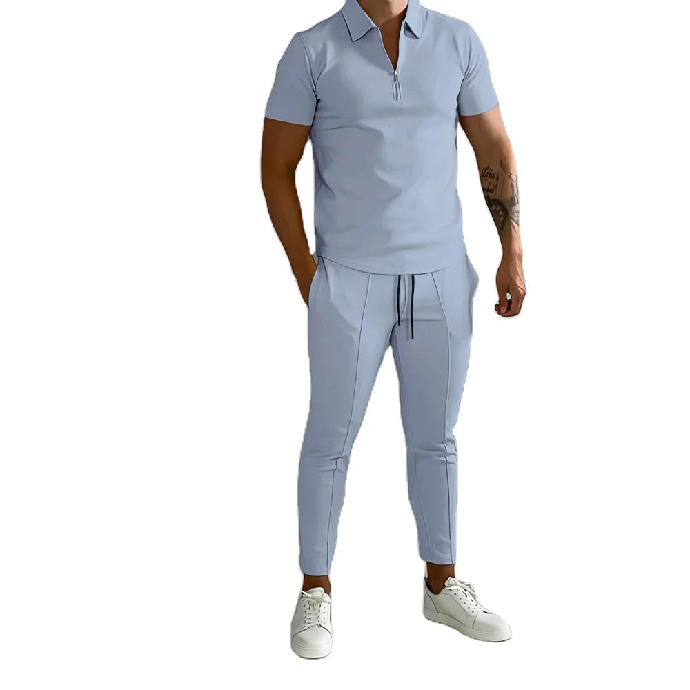S-3XL Summer Men's Clothing Trendy Youth Leisure Sports Set Lapel Short Sleeved Top+drawstring Pants 2-piece Set Streetwear