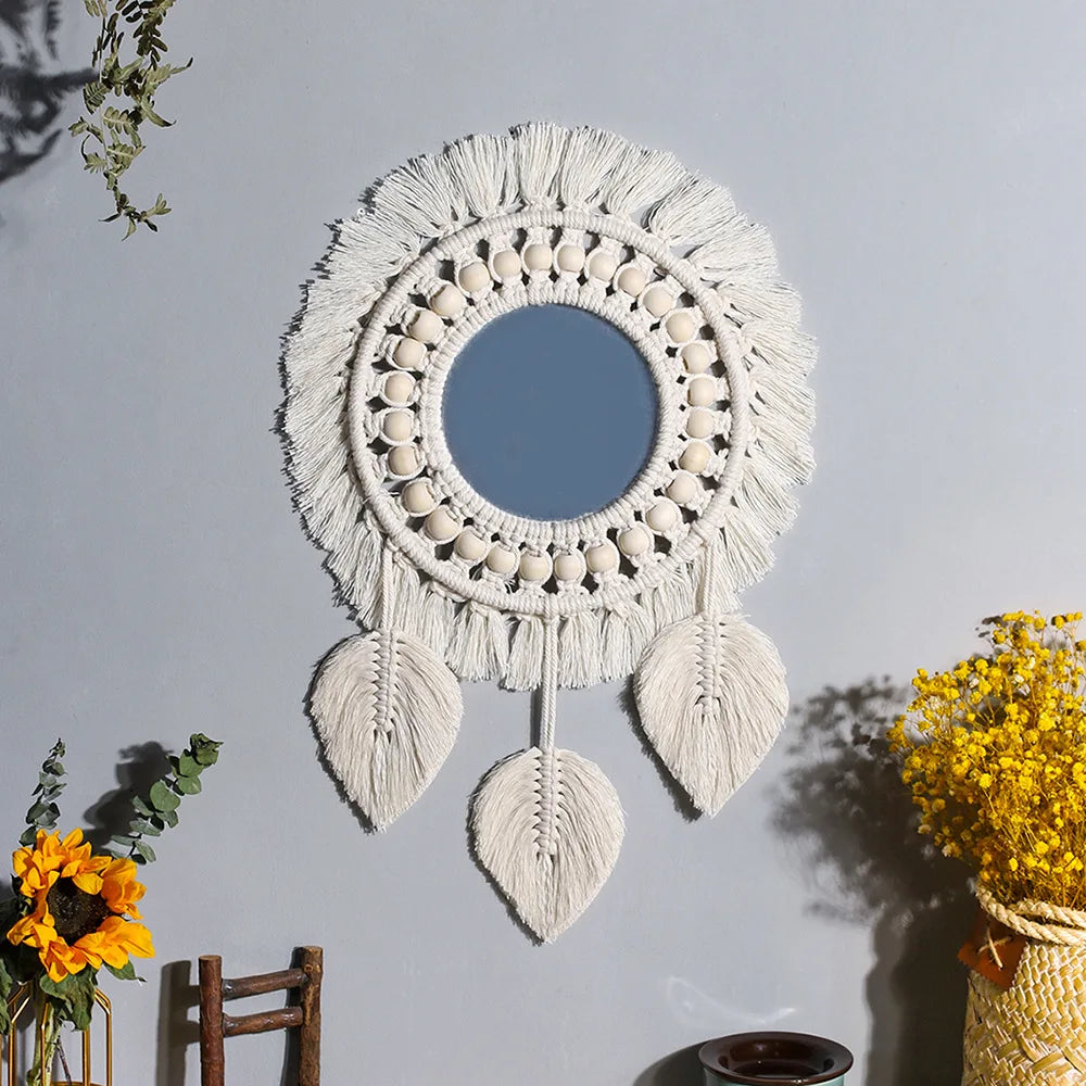 Hot Sale Boho Woven Handmade Cotton Thread Wood Beads Tapestry Mirror Original Decor for Bedroom Vertical Pattern Rope Format