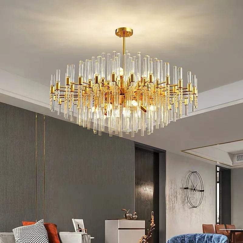 Custom Modern Luxury Gold Crystal LED Pendant Light Fashion Home Decoration Glass Rod Chandelier
