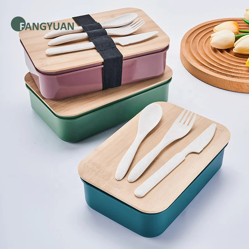 Custom logo Food Grade Bamboo Lid Wheat Straw Leak Proof Bento Lunch Box Plastic Food Container Lunch-box for Kid Bpa Free
