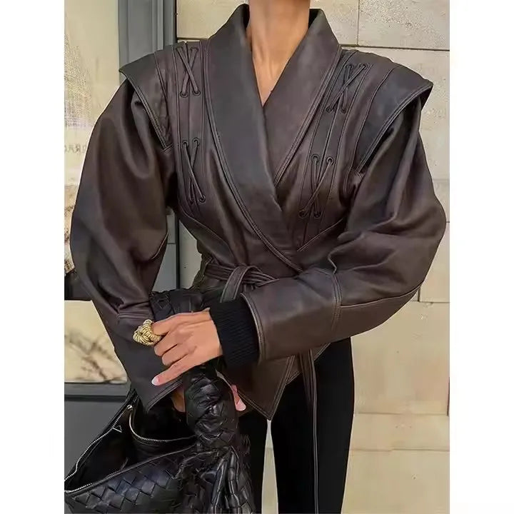 Fashion Leather Woman Short Jacket Belt Turn Down Collar Long Sleeve Motorcycle Coat Ladies Winter Warm Street Outerwear
