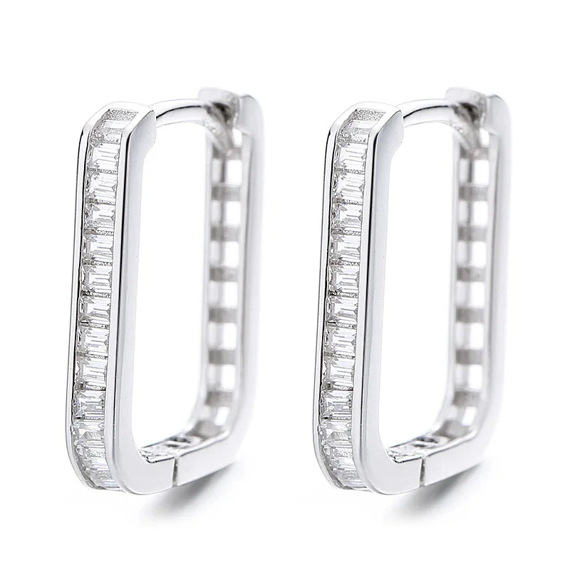 Wholesale Personalized 925 Sterling Silver CZ Zircon Hollow Rectangle Huggie Hoops Earring for Women Gifts