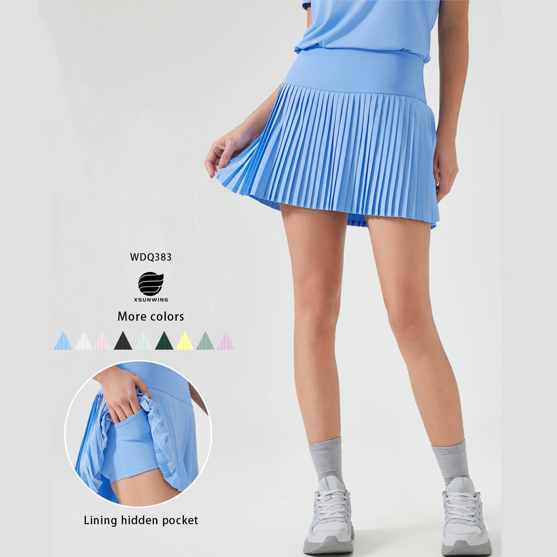 Xsunwing Mini 2 in 1 Summer Women Sports Yogawear Pickleball Slip Pleated Skirt Half Skirt Tennis Golf Skirt With Pocket WDQ383