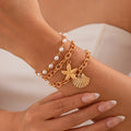 3Pcs/Set Trendy Scallop Starfish Pendant Imitated Pearl Bracelet for Women Fashion Ladies Daily Wear Hand Chain Accessories Gift
