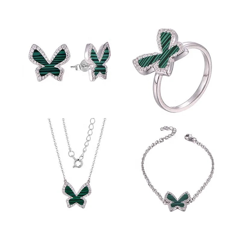 QX Custom Women Luxury 925 Sterling Silver Green Butterfly Zirconia Earrings Ring Necklaces Bracelets Fine Jewelry Set for Gift