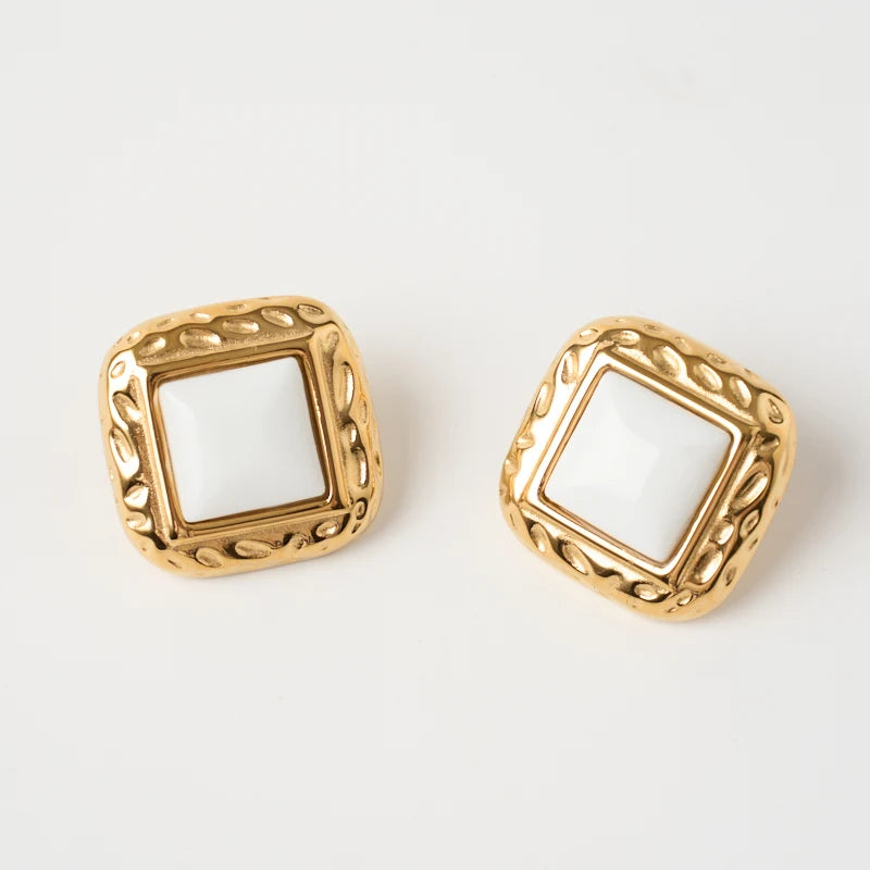 Hot Selling Retro 18k Gold Plated Stainless Steel Simple White Agate Square Earrings