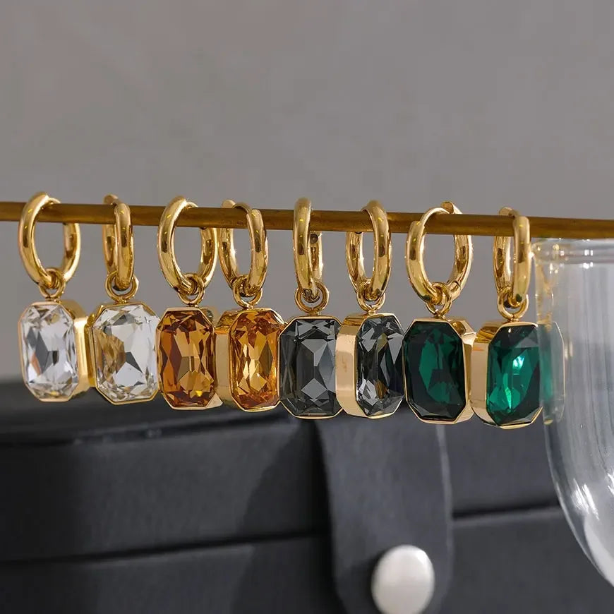 Plated Real Gold Vintage Stainless Steel 18K Elegant Emerald Green Cubic Zircon Pendant Gold Hoop Earrings for Women