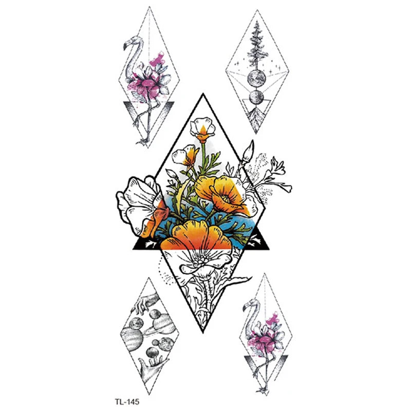BXTAT TL145 TL150 Temporary Tattoo Stickers Rhombus Swan Stars Low Back Lace Butterfly Diamonds Dragon Lion Tree Compass Paper