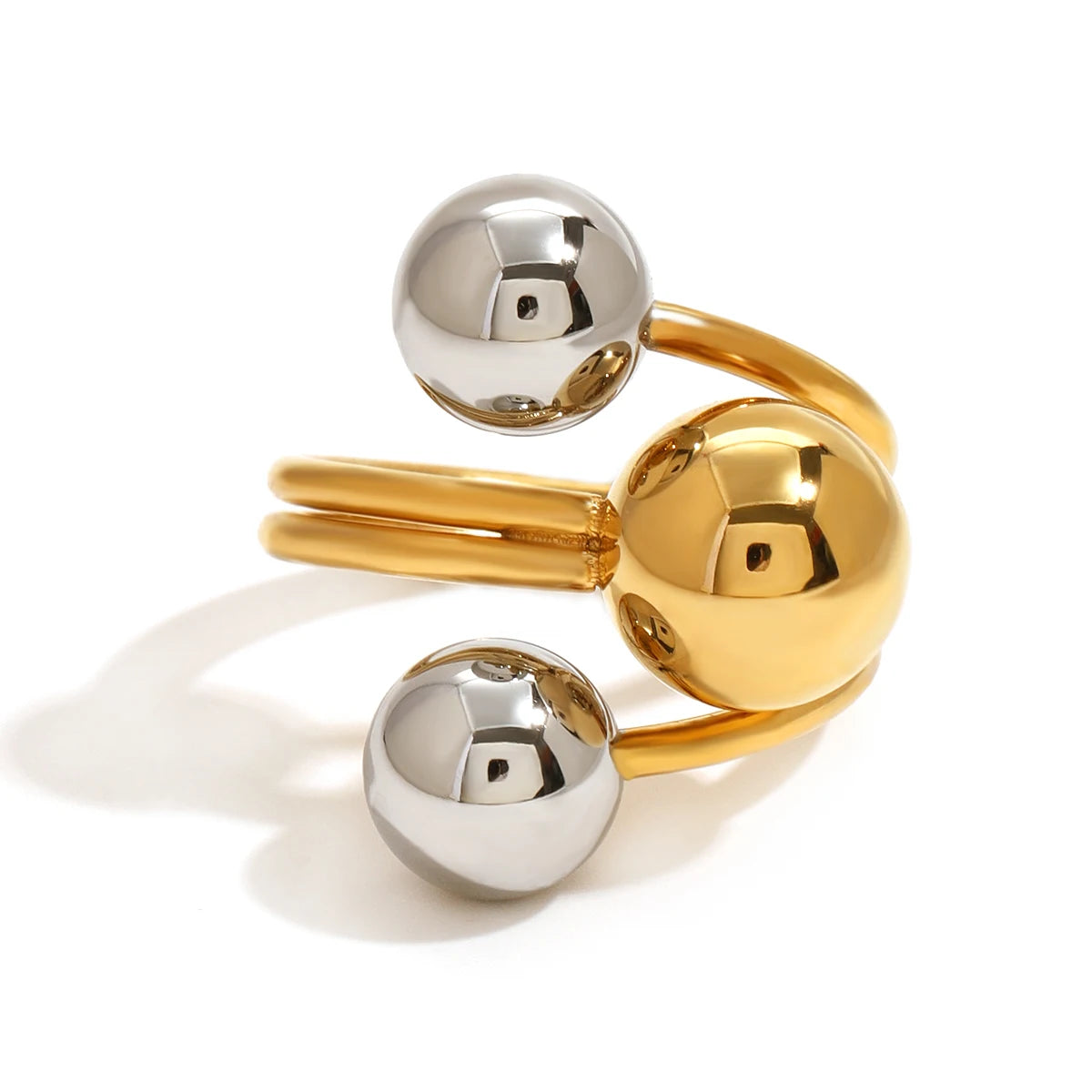 J&D Minimalist 18k Gold Stainless Steel Two Tone Mixed Color Three Layer Line Steel Ball Open Rings