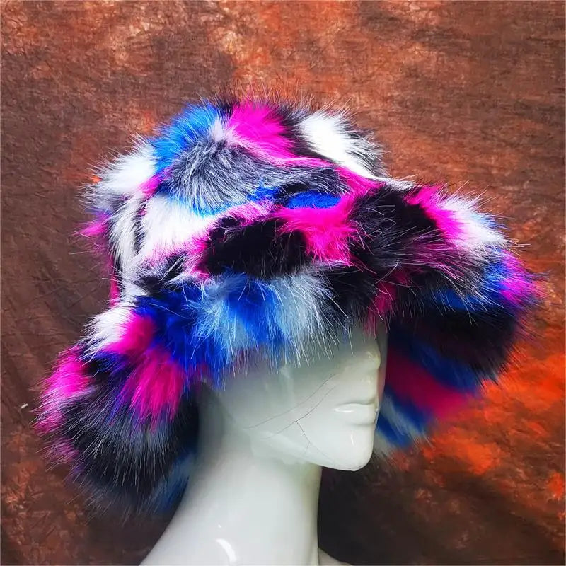 Fashion  Women  Faux Fur Tie-dye Bucket Hats Fluffy Plush Fisherman Caps Outdoor Winter Warm