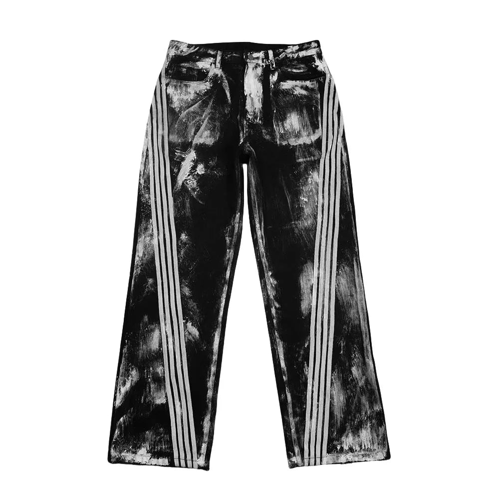 TOPSHOW DENIM Designer Custom Vintage Dirty Wash Black Striped Denim Pants Baggy Wax Coated Wide Leg Jeans Men