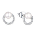 925 Sterling Earrings Geometric Circle Hoop Pearl Stud Earrings Round Zircon Pearl Earrings for Women