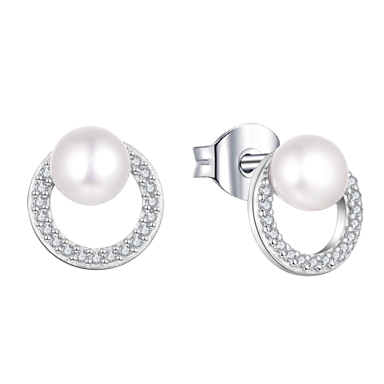 925 Sterling Earrings Geometric Circle Hoop Pearl Stud Earrings Round Zircon Pearl Earrings for Women