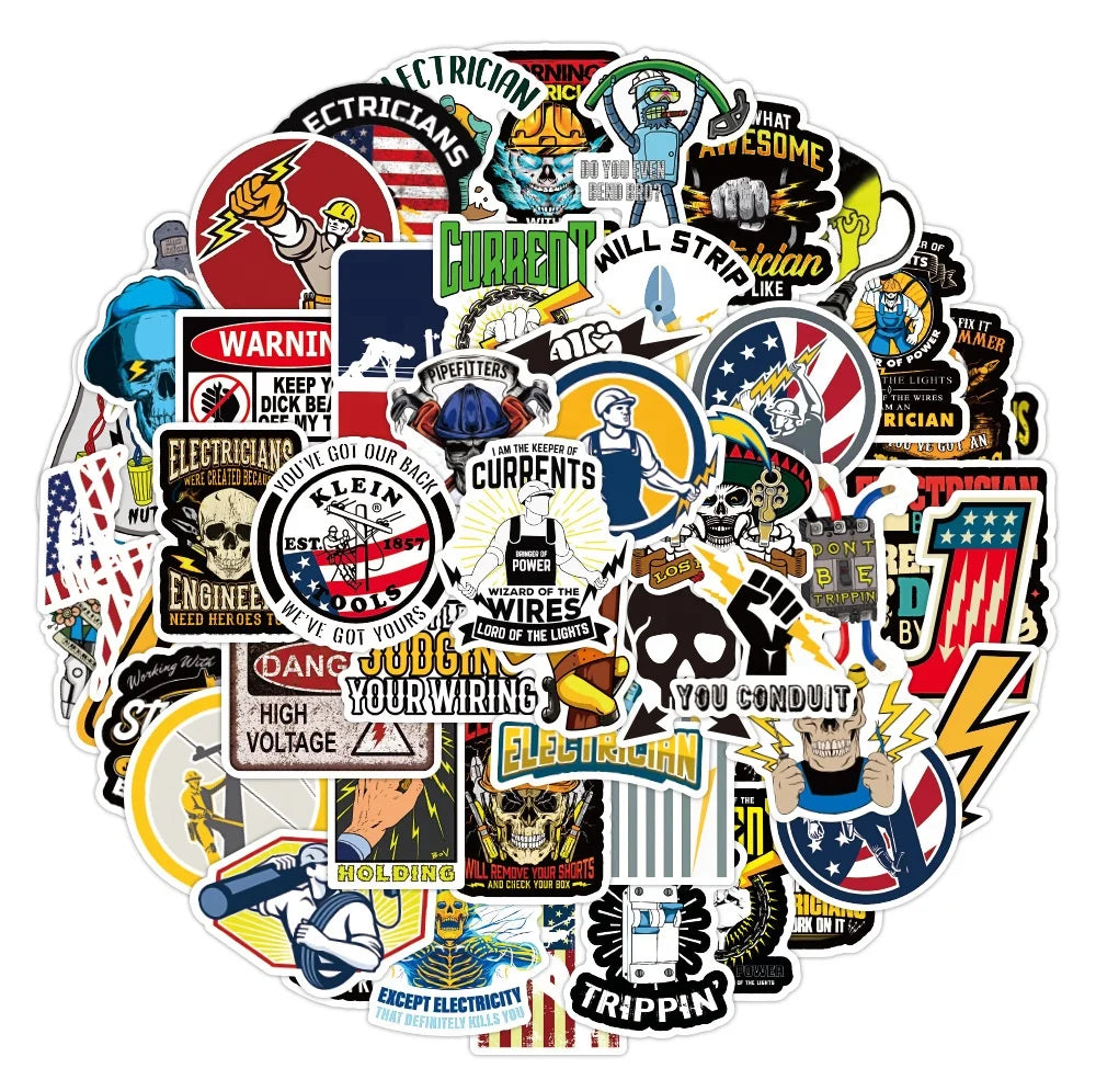 50Pcs Cool Electrician Warning Graffiit Decals Sticker for Children Boy Waterproof Die Cut Decorative Logo Stickers