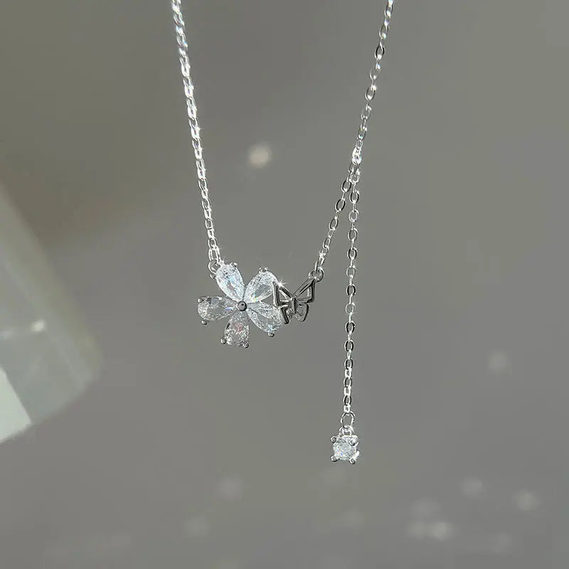 Luxury Fancy INS Pure 925 Sterling Silver Zircon Flower Butterfly Pendant Necklace for Women Girls Jewelry