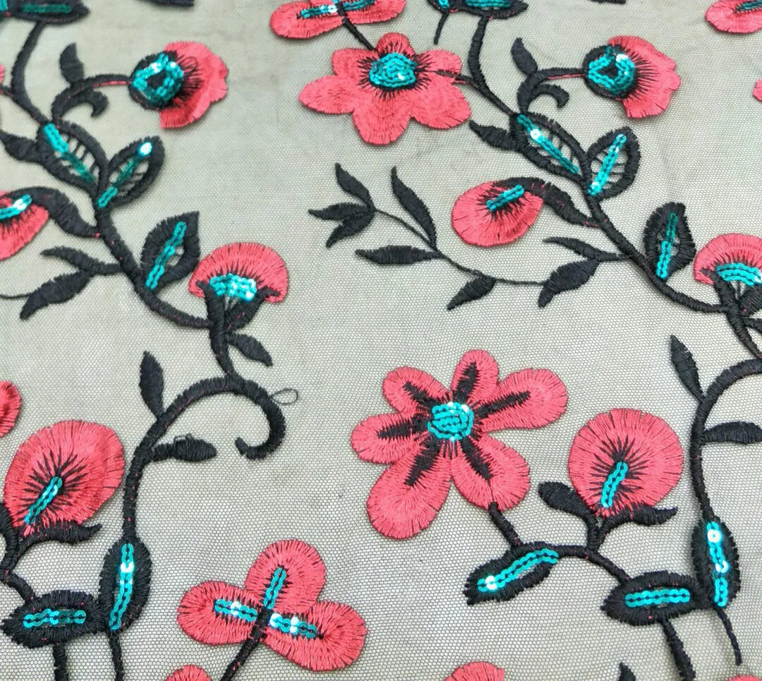 Heavy Multi-color Floral Mesh Embroidery Lace Fabric Designer Fashion Sequins Dress Lace Fabric