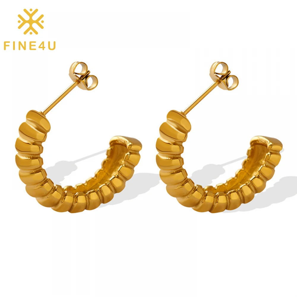 Wholesale Fashion Jewellery Non Tarnish Women Chunky Forged Threaded Stainless Steel 18K Gold Plated Hoop Earrings