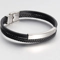 Black Braided Leather Bracelet Silver Tone Bar Engravable Mens Steel Clasp Jewelry MegaBDM