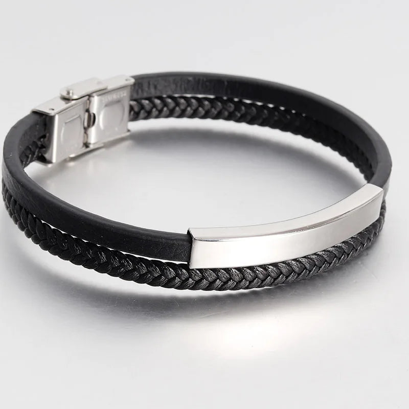 Black Braided Leather Bracelet Silver Tone Bar Engravable Mens Steel Clasp Jewelry MegaBDM