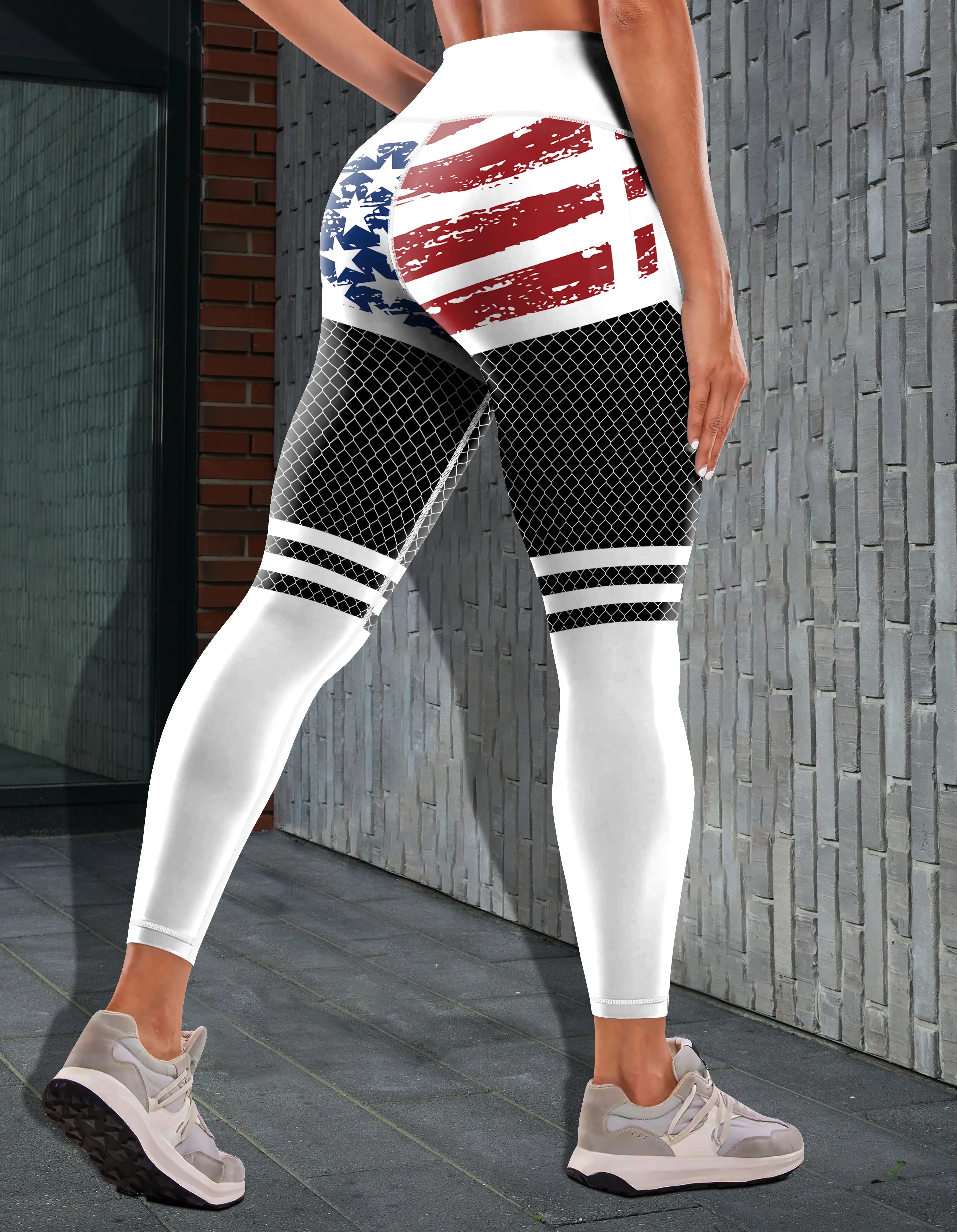 Dropshipping Stylish Side Striped Flag Print High Stretch Running Fitness Women's Activewear Lift Belly Control Exercise Pants