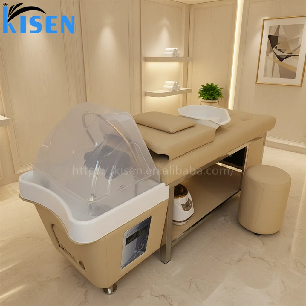 Popular Head Spa Beauty Salon Furniture Hair Washing Shampoo Chairs Shampoo Bed with Steamer for Barber Shop Hair Salon Use