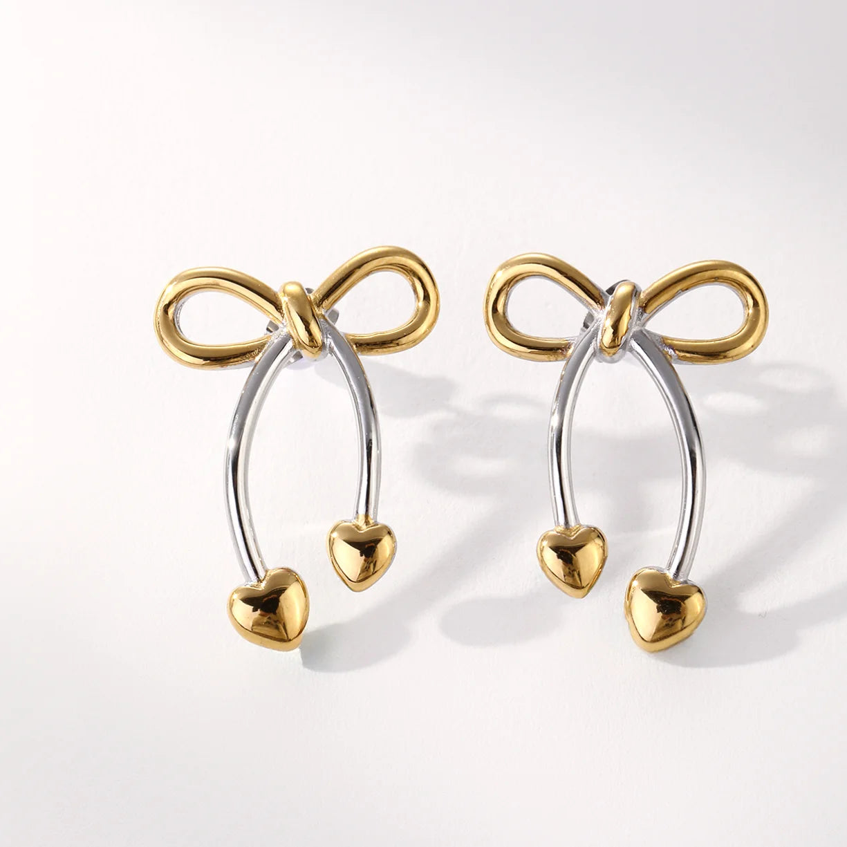 Minimalist Unique Gold Bow & Heart Drop Earrings Stainless Steel Drops & Danglers Bow Heart Stud Earrings