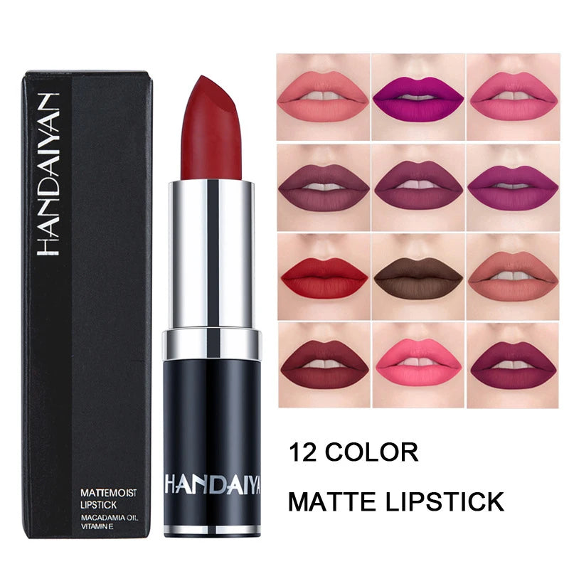 Handaiyan 12-Color Vegan Waterproof Matte Cream Lipstick 3.5g Long-Lasting Custom Logo OEM/ODM Wholesale Makeup