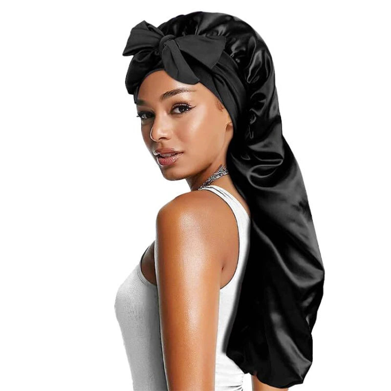 Wholesale Custom Logo Hair Accessories Long Hair Tied Satin Bonnet Adjustable Hair Dryer Sleep Bonnets for Women