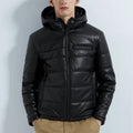 Winter Mens Outdoor Black Leather Bubble Down Puffer Jacket With Hooded