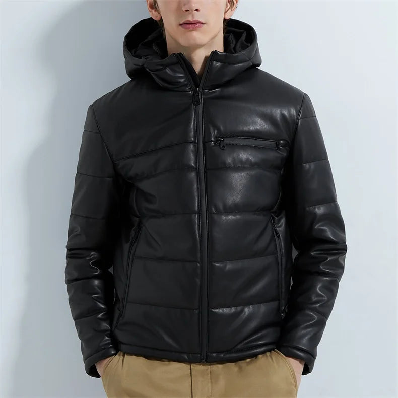 Winter Mens Outdoor Black Leather Bubble Down Puffer Jacket With Hooded