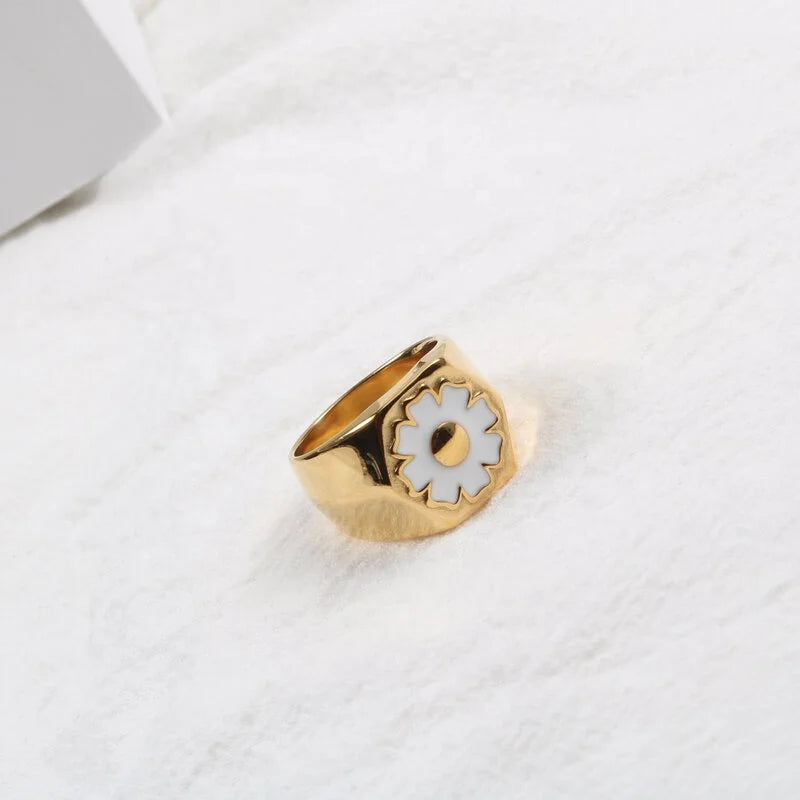 HipHop Punk Girl Stainless Steel White Enamel Resin Flower Signet Ring