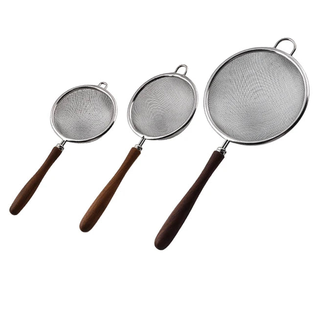3 Sizes Laser Logo Stainless Steel Fine Mesh Strainer Sieve Sifter Filter with Wooden Handle for Tea Juice Cooking Oil Flour