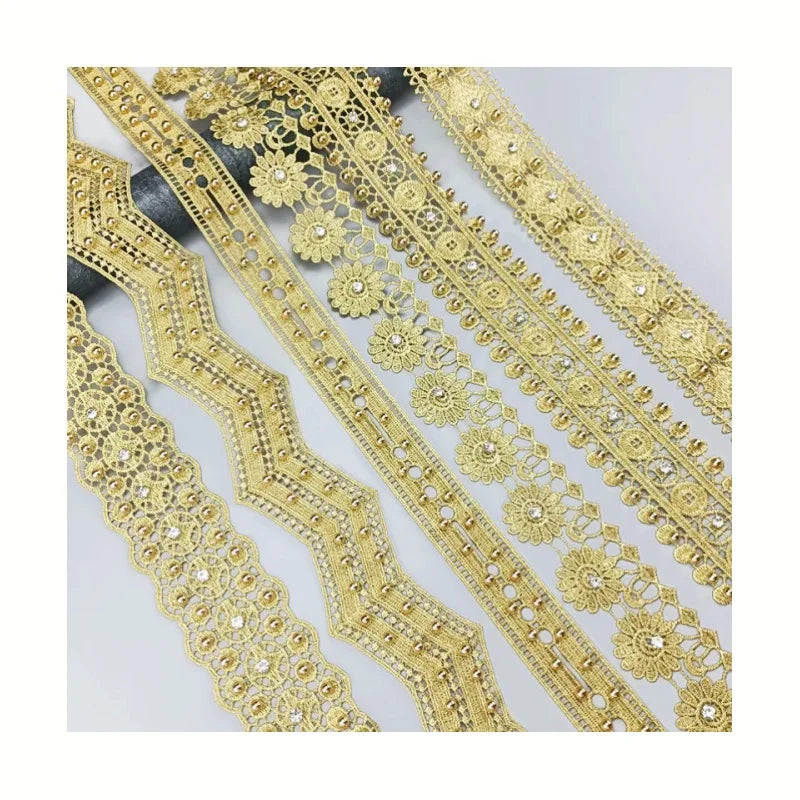 Luxury Gold Embroidery Lace Edging With Studded Bead for Clothing DIY Decorative Accessories Featuring Metal Material DZ01-06