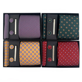 Men's Luxury Paisley Necktie Set with Pocket Square and Cufflinks Tie Bar Gift Box for Business or Wedding Polyester Material