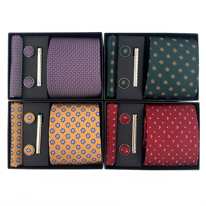 Men's Luxury Paisley Necktie Set with Pocket Square and Cufflinks Tie Bar Gift Box for Business or Wedding Polyester Material