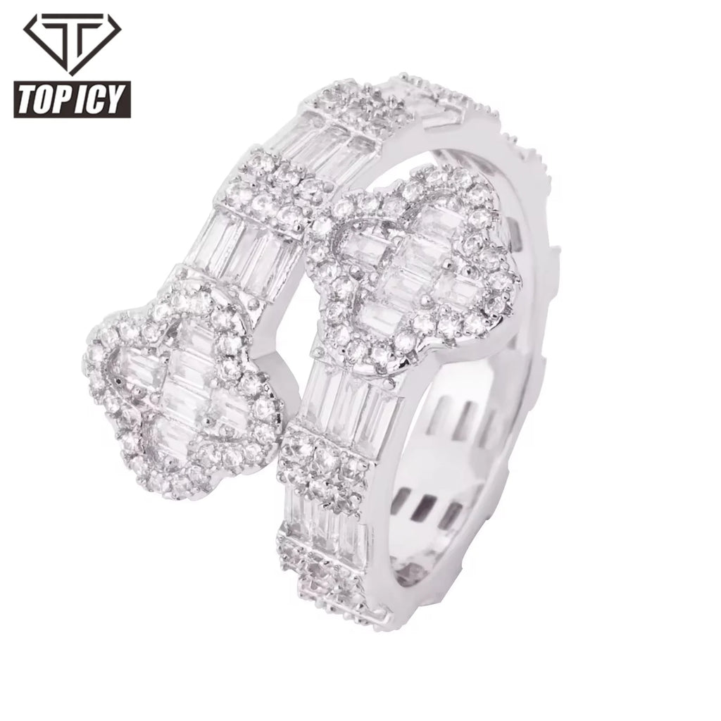 New Design Sparkling Ring Hot Selling Zircon Clover Shape Hip Hop Accessories Jewelry for Women Men Unisex