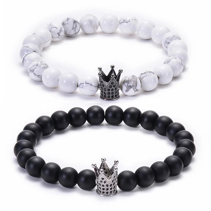 Wholesale Distance Couple Jewelry Bracelet White Natural 8mm Howlite Frosted Matte  Beaded  Adjustable Crown Bracelet Women Men