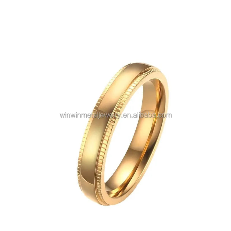 4mm Stainless Steel Rings for Women Men High Polish 18K Gold Plated Trendy Geometric Gear Wheel Step Edges Wedding Band Comfort
