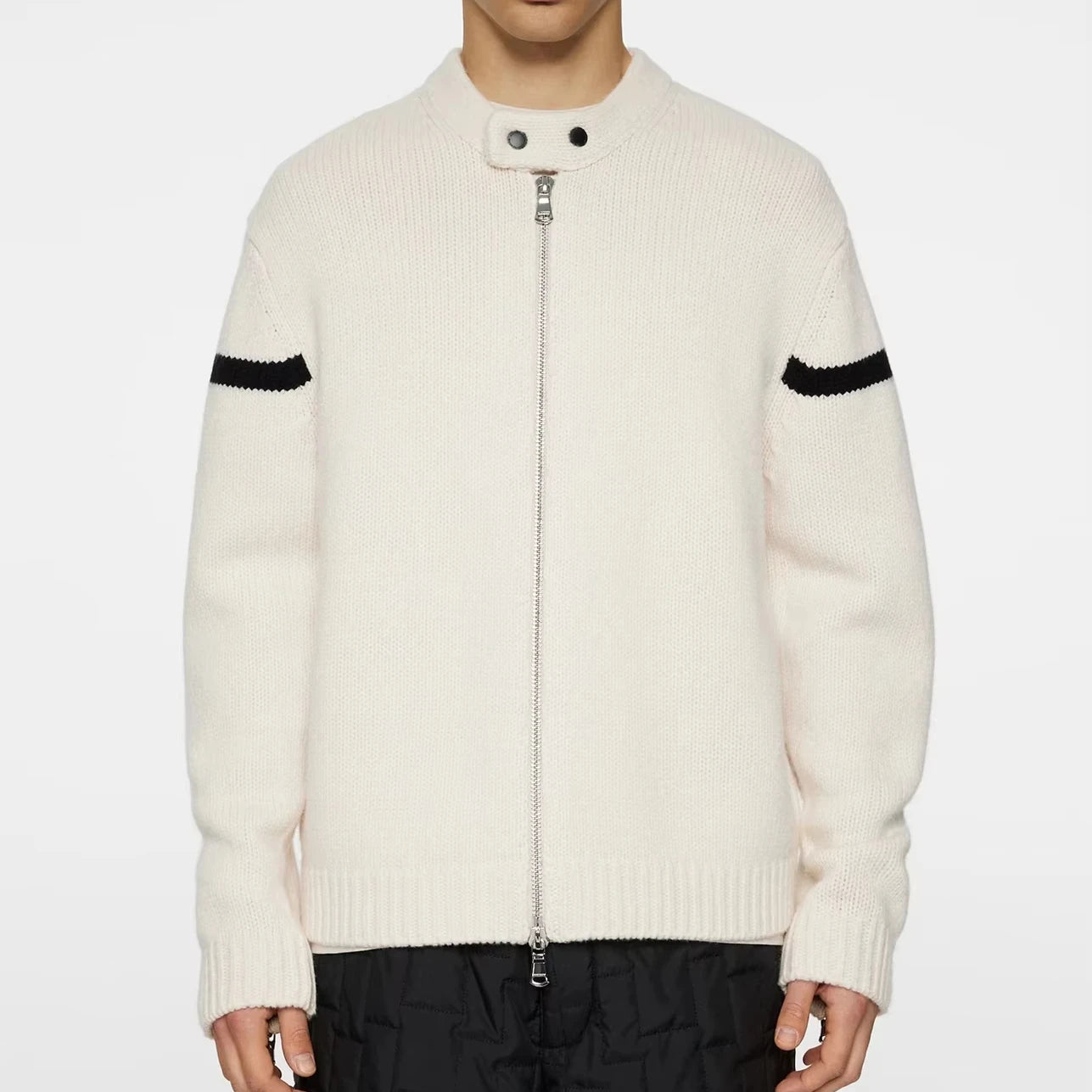 2026 Men's Moto-Inspired Zip Cardigan Wool Cotton Blend Long Sleeve Sweater Jacket with Arm Bands White