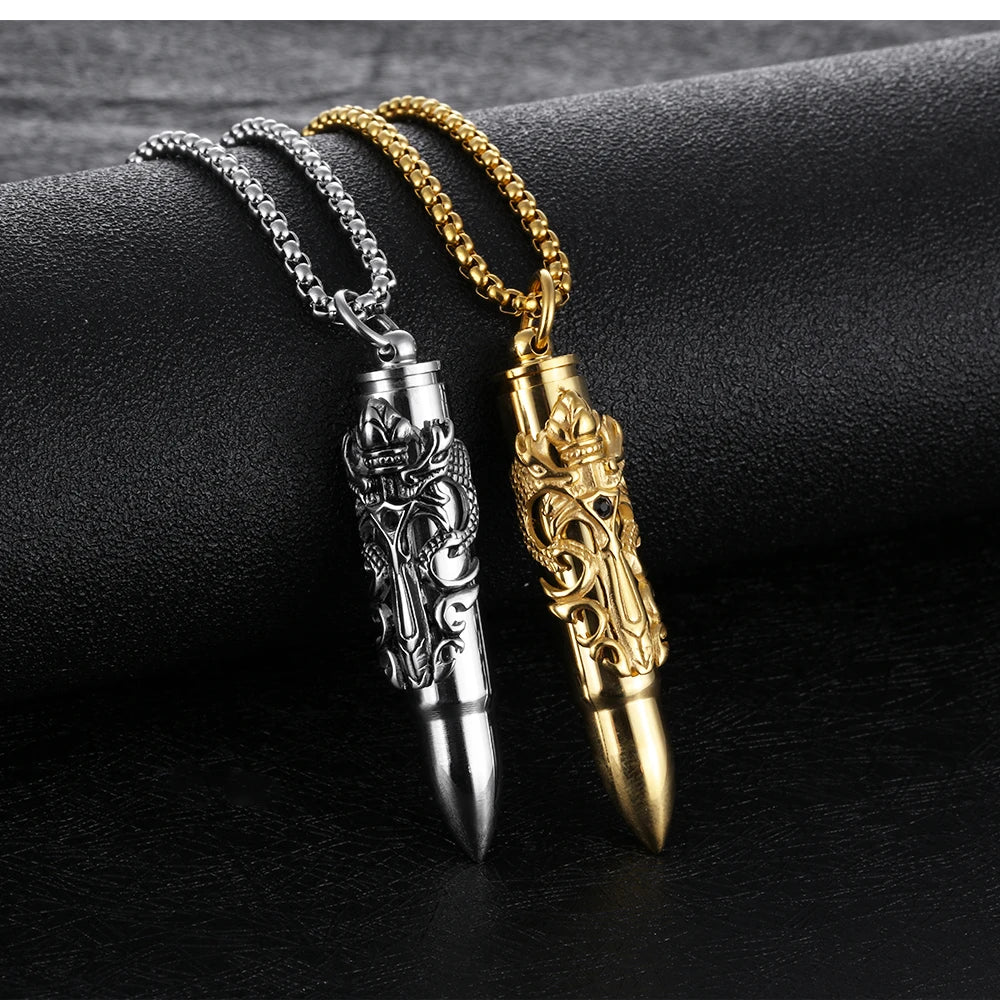 Hip Hop Oxidized Jewellery Gold Plated Stainless Steel Double Dragon Sword Bullet Pendant Necklace Cremation Jewelry Casting