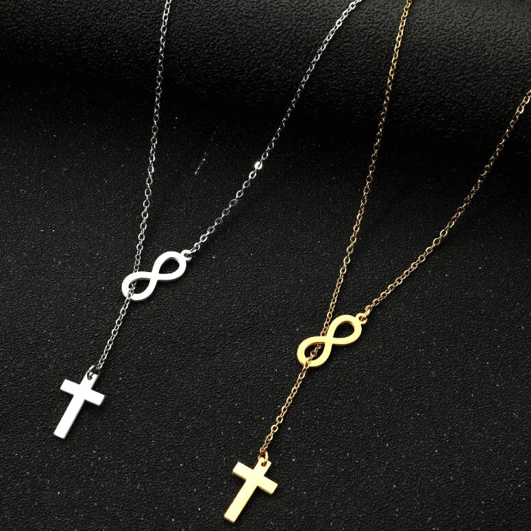 Trendy Non Tarnish Silver 18K Gold Plated Stainless Steel Charm Infinity Cross Pendant Necklace Jewelry for Women Ladies