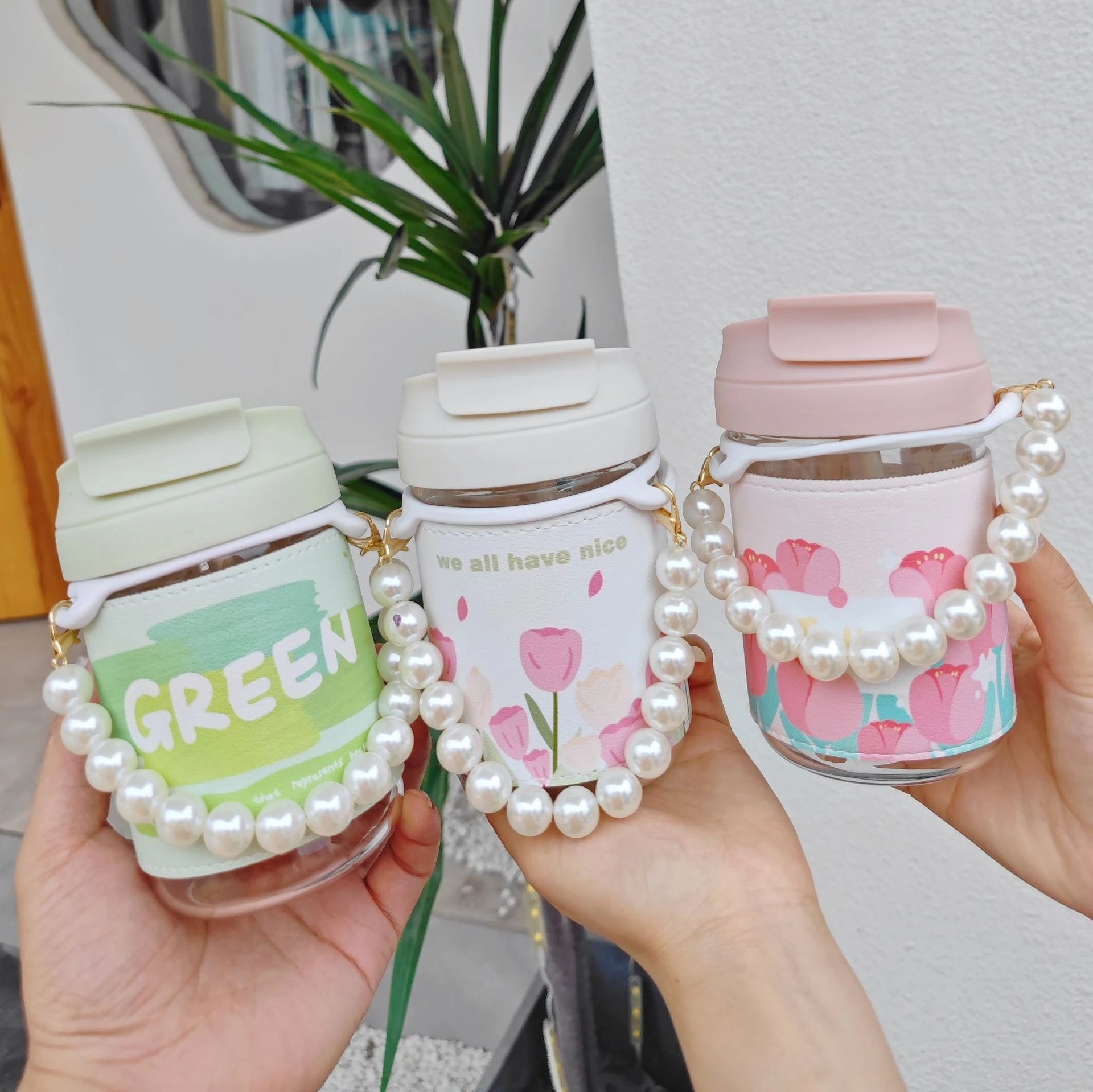 M69 Children 400ml Drinking Tumbler Mug Student Water Bottle Glass Portable Outdoor Travel Pearl Chain Glass Cup With PU Sleeve