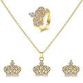 Fashion Baroque Crown Jewelry Three-piece Full Diamond Heart Gold and Silver Necklace Earrings Ring Wedding Jewelry Set