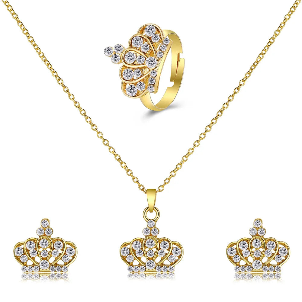 Fashion Baroque Crown Jewelry Three-piece Full Diamond Heart Gold and Silver Necklace Earrings Ring Wedding Jewelry Set