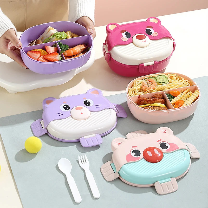 Double-layer Children's Bento Box 3 Compartments BPA Free Leak Proof Microwave Safe Portable Kids Plastic Buckle Lunch Bento Box