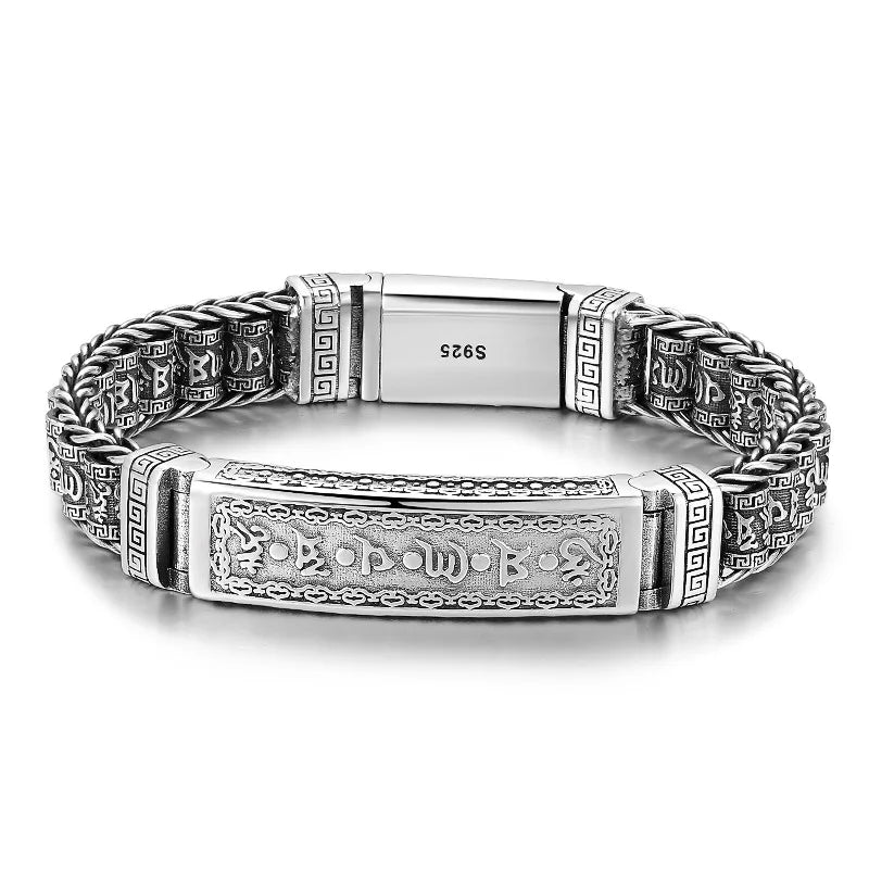 BOCAI S925 Sterling Silver Bracelet for Men Enchase Retro Six Character Mantra Pattern Prayer Wheel Bangle Jewelry Wholesale